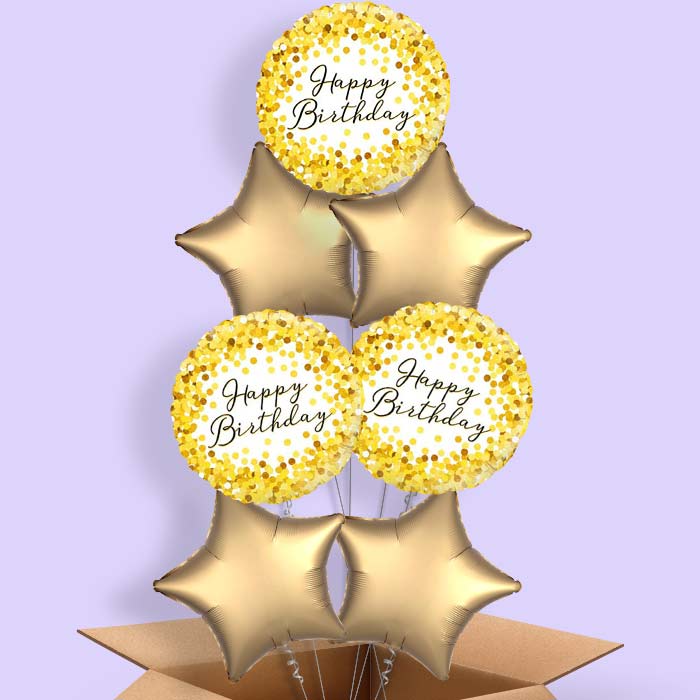 Gold Confetti Happy Birthday Balloons in a Box