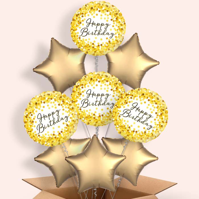Gold Confetti Happy Birthday Balloons in a Box