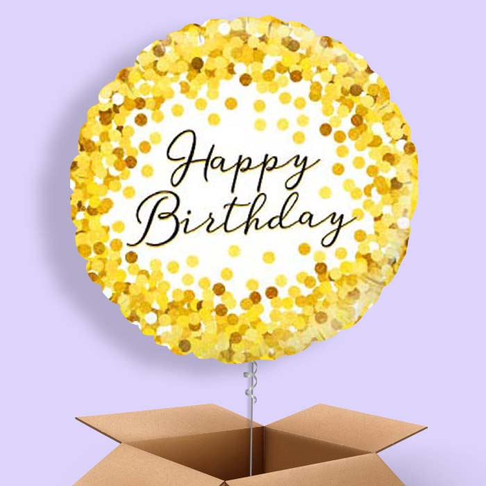 Gold Confetti Happy Birthday Balloons in a Box