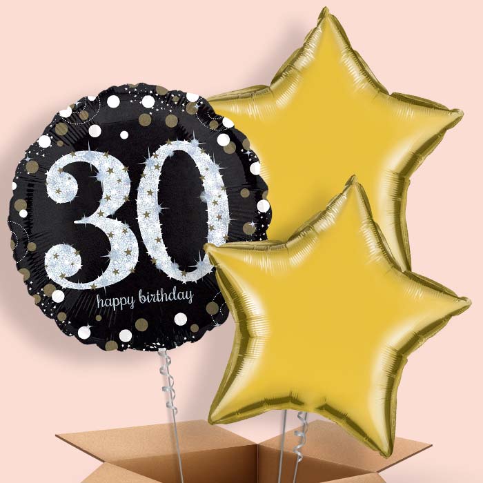 Black & Gold 30th Birthday Balloon in a Box - 3 Balloon | Small Indoor Plants