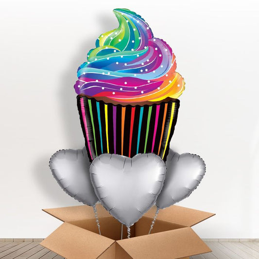 Rainbow Cupcake Giant Balloon in a Box Gift - With 3 Plain Balloons | Small Indoor Plants