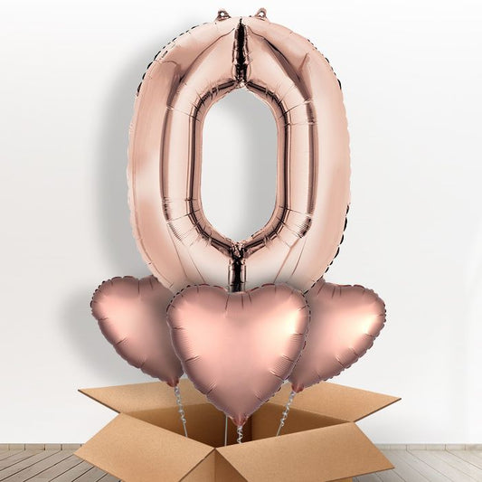 Big Rose Gold Number 0 Balloon Number in a Box - Giant Number and 3 Balloons | Small Indoor Plants