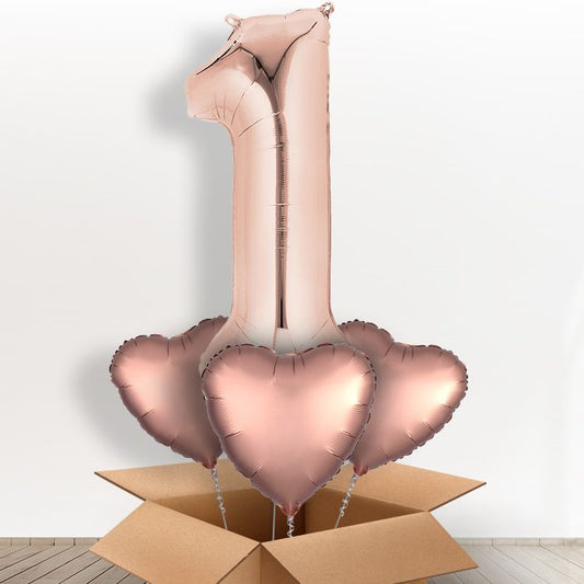 Rose Gold Number 1 Balloon Inflated in a Box - Giant Number and 3 Balloons | Small Indoor Plants