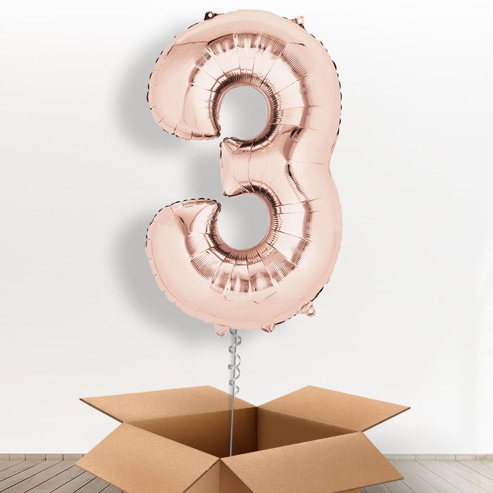 Big Rose Gold Number 3 Balloon Number in a Box - Giant Number | Small Indoor Plants
