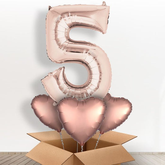 Big Rose Gold Number 5 Balloon Number in a Box - Giant Number and 3 Balloons | Small Indoor Plants