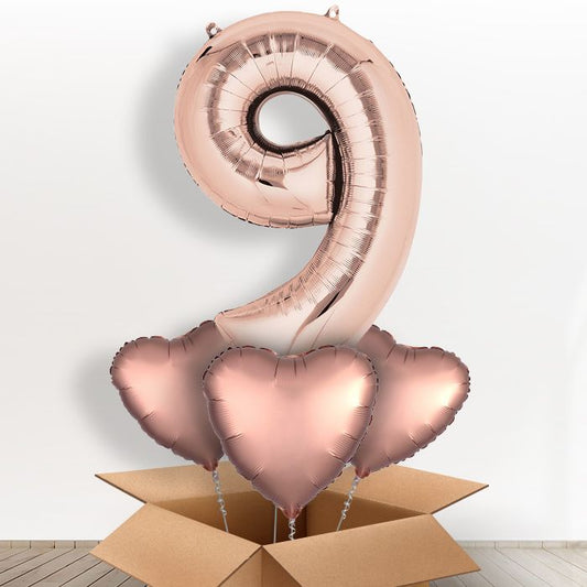 Rose Gold Giant Number 9 Balloon in a Box Gift - Giant Number and 3 Balloons | Small Indoor Plants