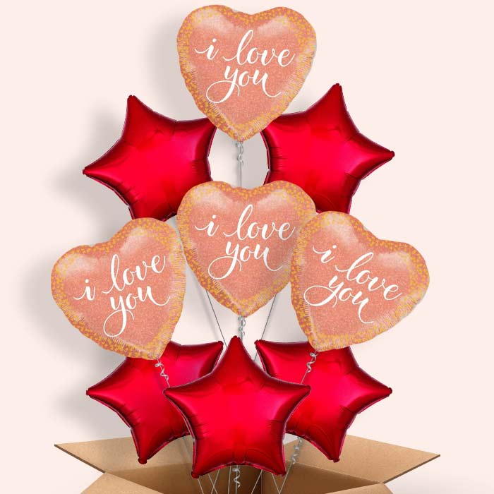 I Love You Balloons in a Box (Rose Gold) - 9 Balloon | Small Indoor Plants