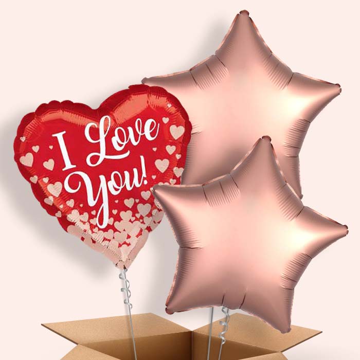 I Love You Balloons in a Box (Rose Gold Hearts) - 3 Balloon | Small Indoor Plants