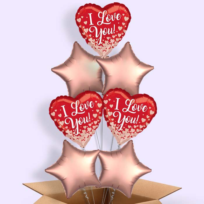 I Love You Balloons in a Box (Rose Gold Hearts) - 7 Balloon | Small Indoor Plants