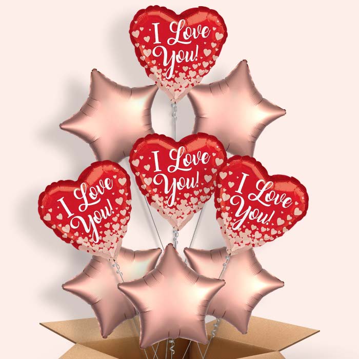 I Love You Balloons in a Box (Rose Gold Hearts) - 9 Balloon | Small Indoor Plants