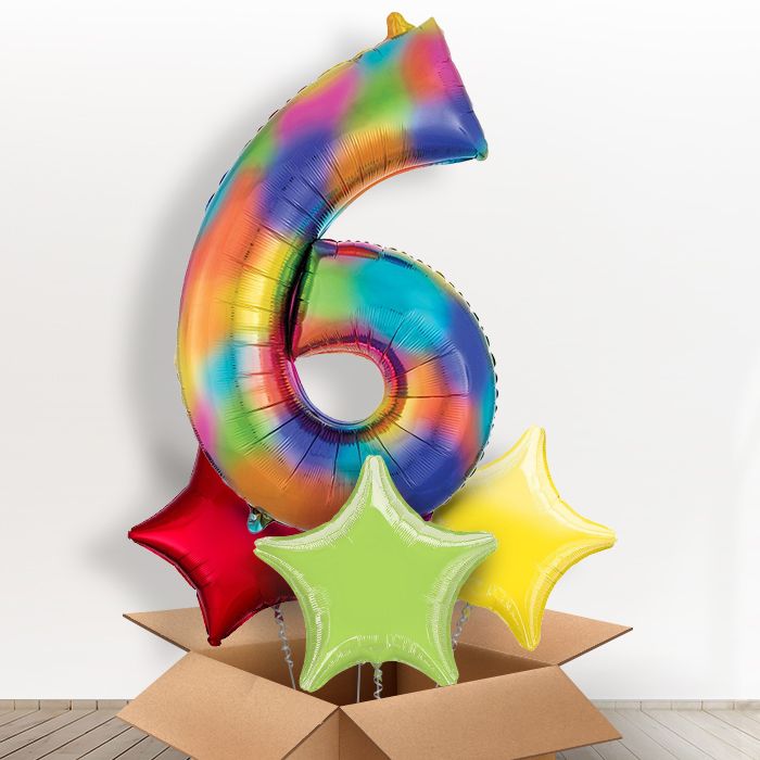 Number 6 Balloon Inflated in a Box - Multicoloured - Giant Number and 3 Balloons | Small Indoor Plants