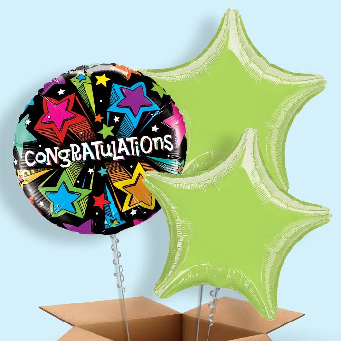 Congratulations Colourful Stars 3 Balloon Bouquet Delivery in a Box