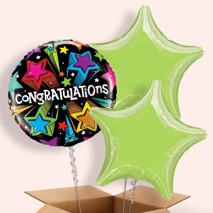 Congratulations Colourful Stars 3 Balloon Bunch Delivered in a Box