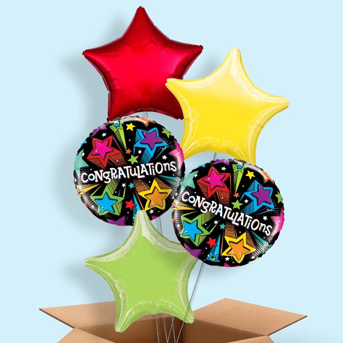 Congratulations Colourful Stars Balloon 5 Cluster Delivered in a Box
