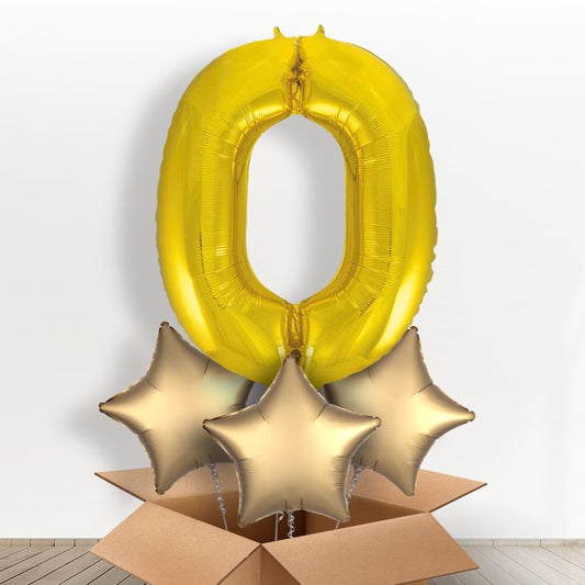 Big Gold Number 0 Balloon Number in a Box - Giant Number and 3 Balloons | Small Indoor Plants