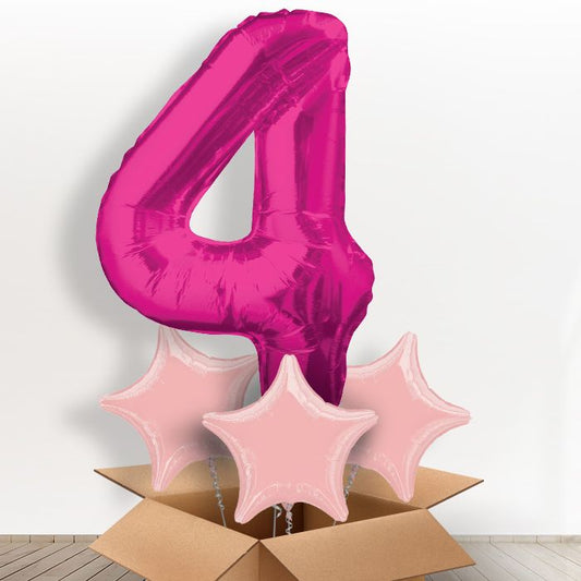 Big Pink Number 4 Balloon Number in a Box - Giant Number and 3 Balloons | Small Indoor Plants