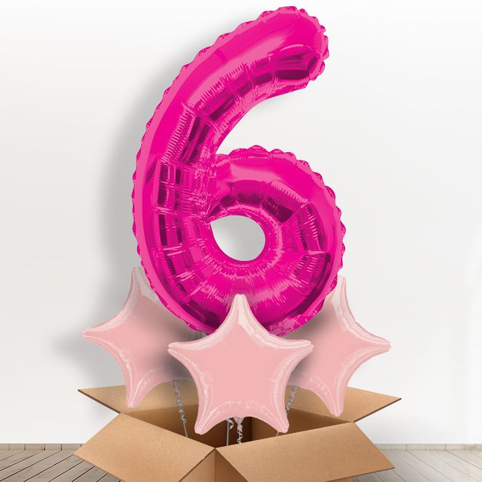 Pink Giant Number 6 Balloon in a Box Gift - Giant Number and 3 Balloons | Small Indoor Plants