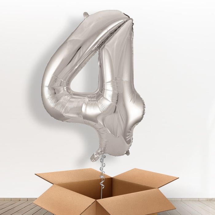 Big Silver Number 4 Balloon Number in a Box - Giant Number | Small Indoor Plants