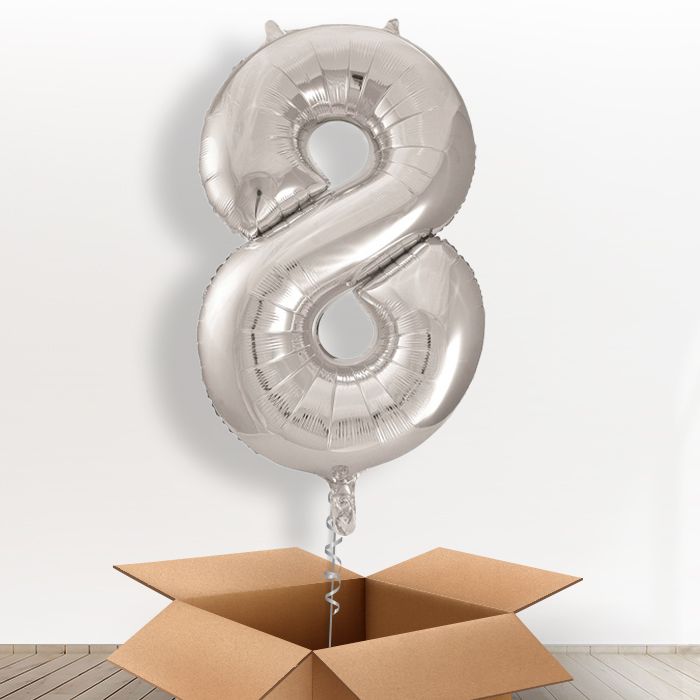 Silver Giant Number 8 Balloon in a Box Gift - Giant Number | Small Indoor Plants