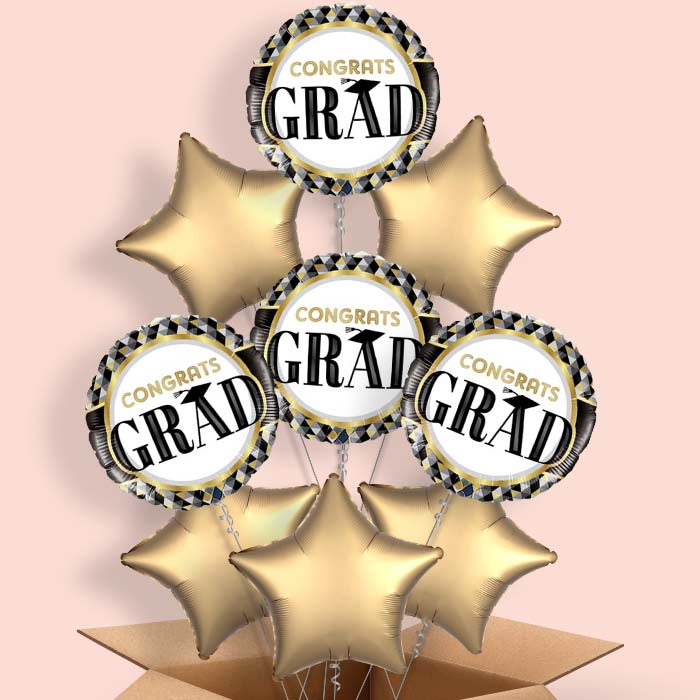Black and Gold Graduation Helium Balloons Delivered