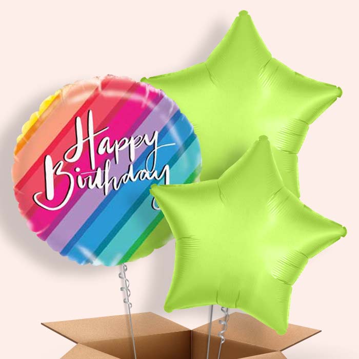 Rainbow Happy Birthday Balloons in a Box - 3 Balloon | Small Indoor Plants
