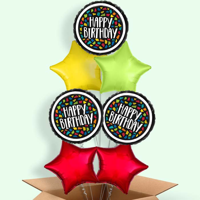 Mosaic Colourful Birthday Balloons in a Box - 7 Balloon | Small Indoor Plants