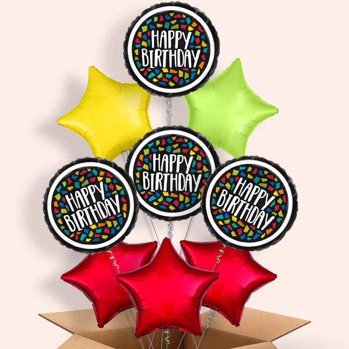 Mosaic Colourful Birthday Balloons in a Box - 9 Balloon | Small Indoor Plants