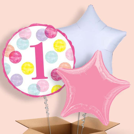 Pink Dots 1st Birthday Balloon in a Box - 3 Balloon | Small Indoor Plants