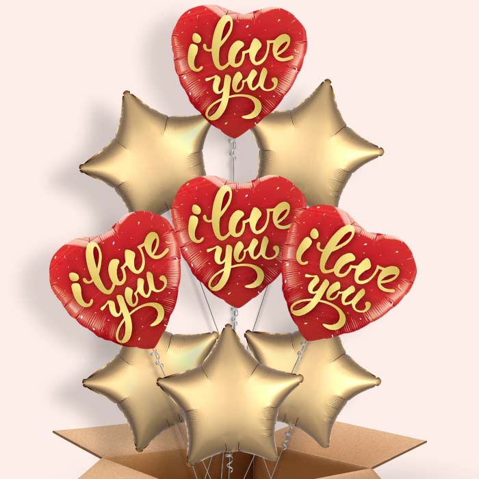 I Love You Balloons in a Box (Gold Script) - 9 Balloon | Small Indoor Plants