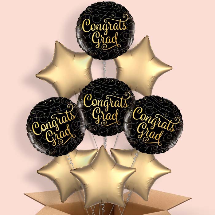Black and Gold Graduation Balloons Delivered - 9 Balloon | Small Indoor Plants