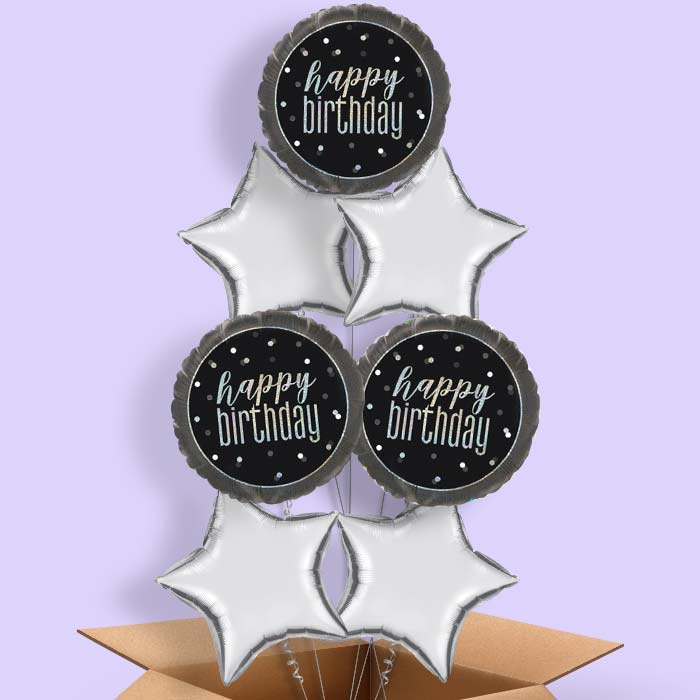 Black and Silver Holographic Happy Birthday Balloon in a Box - 7 Balloon | Small Indoor Plants