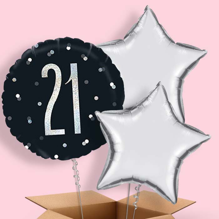 Helium Balloons 21st in a Box - Black Silver