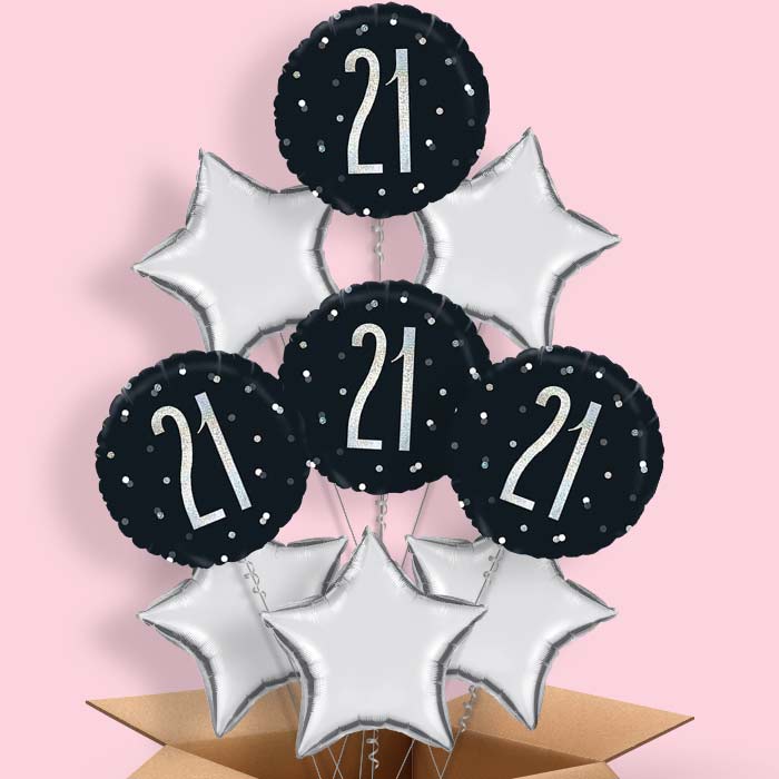 Helium Balloons 21st in a Box - Black Silver - 9 Balloon | Small Indoor Plants