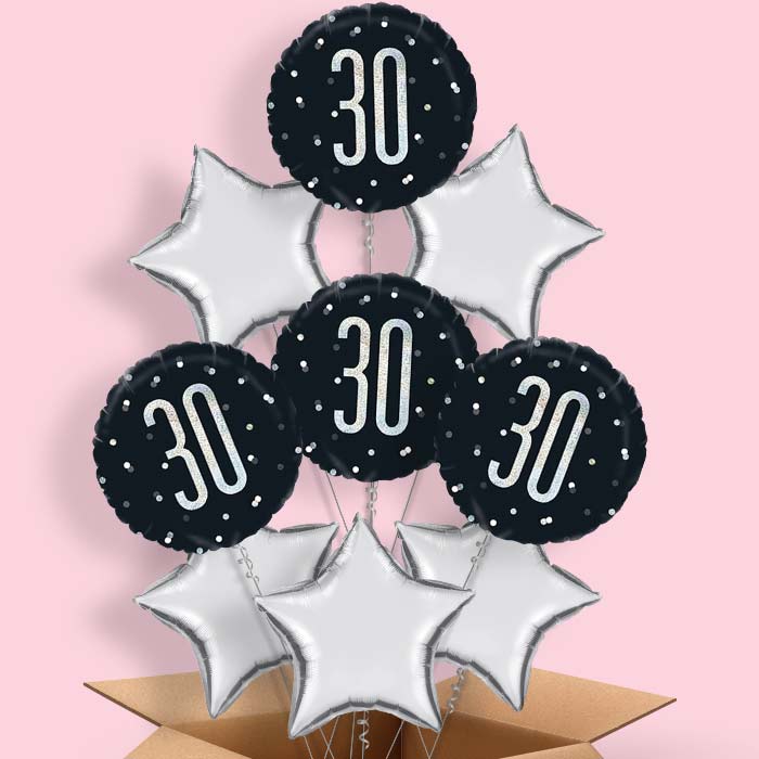 30th Balloon Delivery in a Box - Black Silver - 9 Balloon | Small Indoor Plants