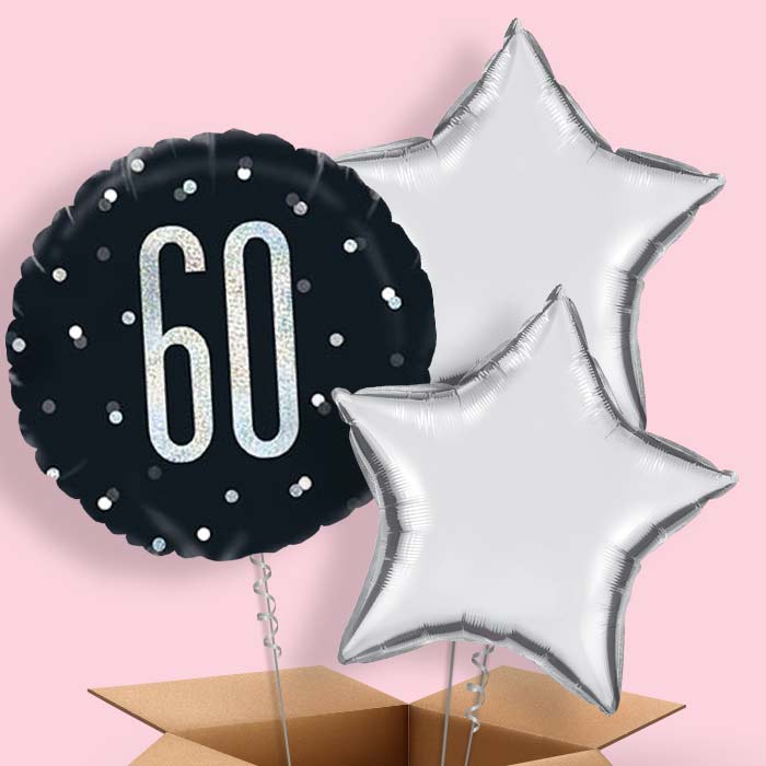 60th Birthday Balloon in a Box - Black and Silver - 3 Balloon | Small Indoor Plants