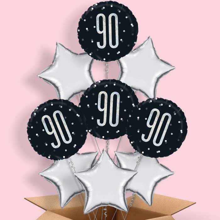 90th Birthday Balloon in a Box - Black Silver - 9 Balloon | Small Indoor Plants