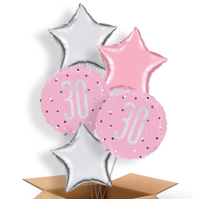 30th Balloon in a Box - Pink and Silver - 5 Balloon | Small Indoor Plants