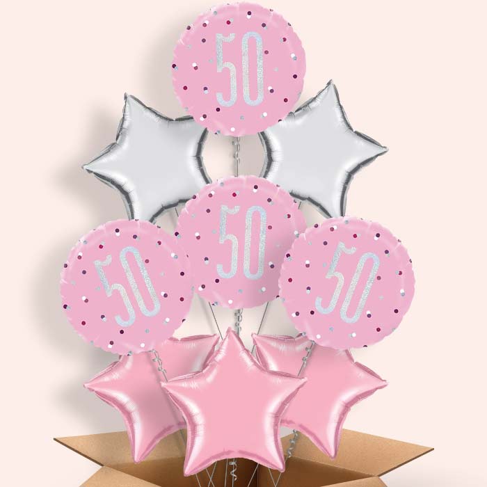 50th Birthday Balloons in a Box - Pink and Silver - 9 Balloon | Small Indoor Plants