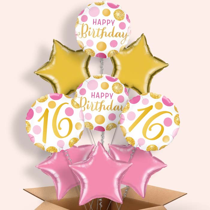 Pink & Gold 16 Birthday Balloon in a Box - 9 Balloon | Small Indoor Plants