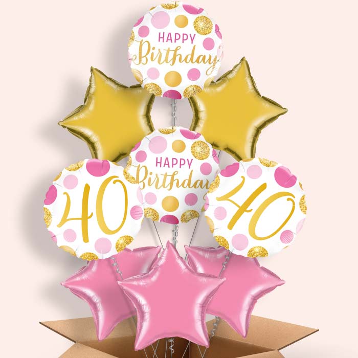 Pink and Gold Dots 40th Birthday Balloon in a Box - 9 Balloon | Small Indoor Plants