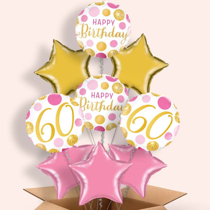 Pink and Gold Dots 60th Birthday Balloon in a Box - 9 Balloon | Small Indoor Plants