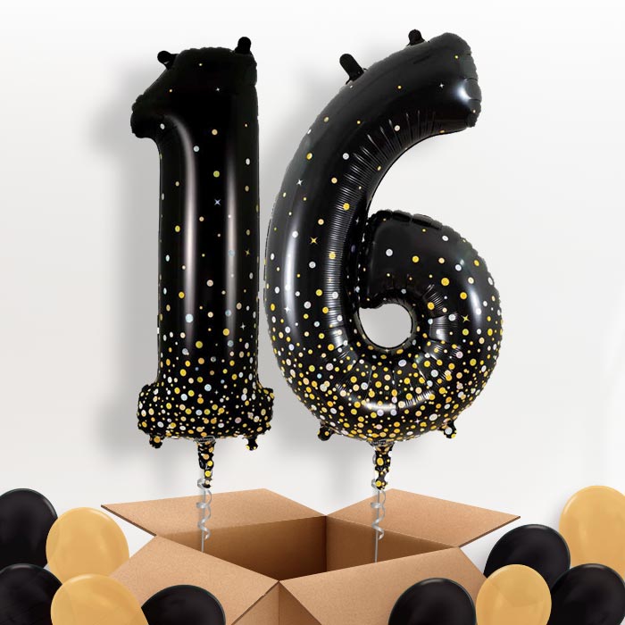 Black and Gold 16 Balloons in a Box