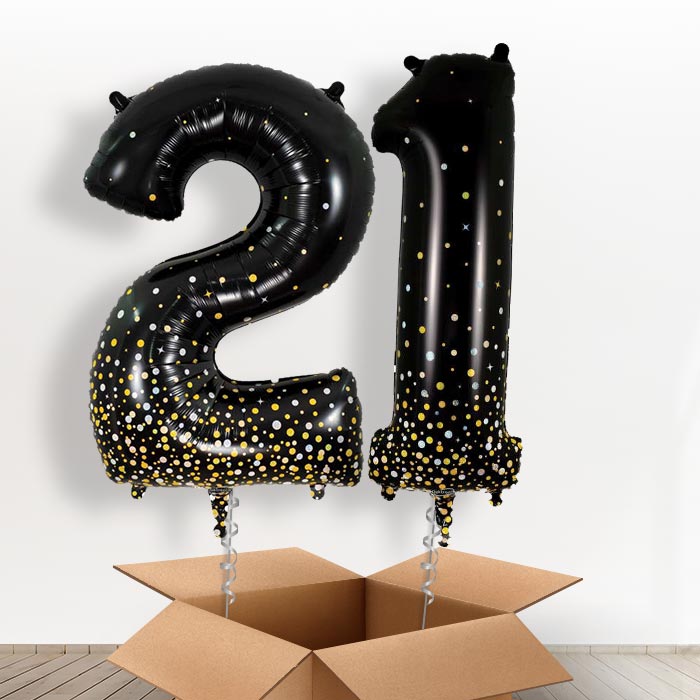 Black and Gold 21 Balloons in a Box - Giant Numbers | Small Indoor Plants