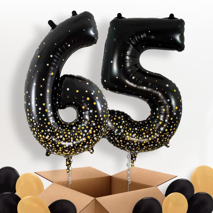 Black and Gold 65 Balloons in a Box - Package | Small Indoor Plants