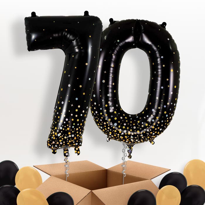 Black and Gold 70 Balloons in a Box - Package | Small Indoor Plants