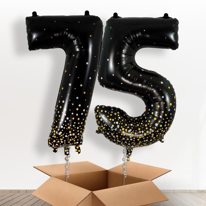 Black and Gold 75 Balloons in a Box - Giant Numbers | Small Indoor Plants