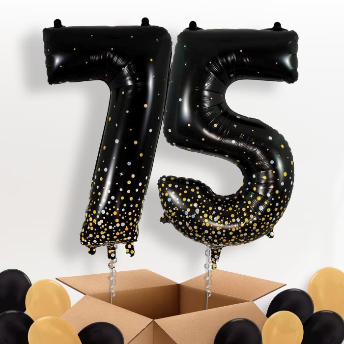 Black and Gold 75 Balloons in a Box - Package | Small Indoor Plants