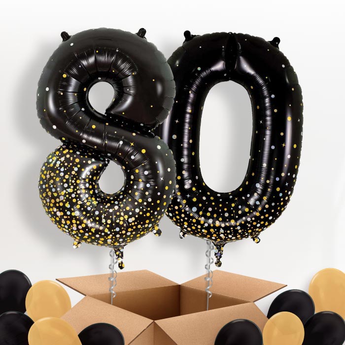 Black and Gold 80 Balloons in a Box - Package | Small Indoor Plants
