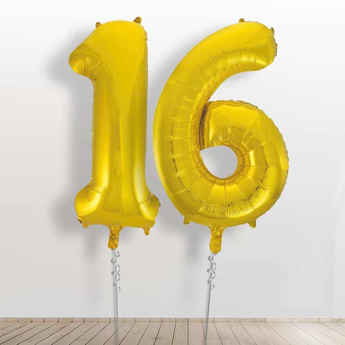 16 Birthday Balloons in a Box - Gold Numbers