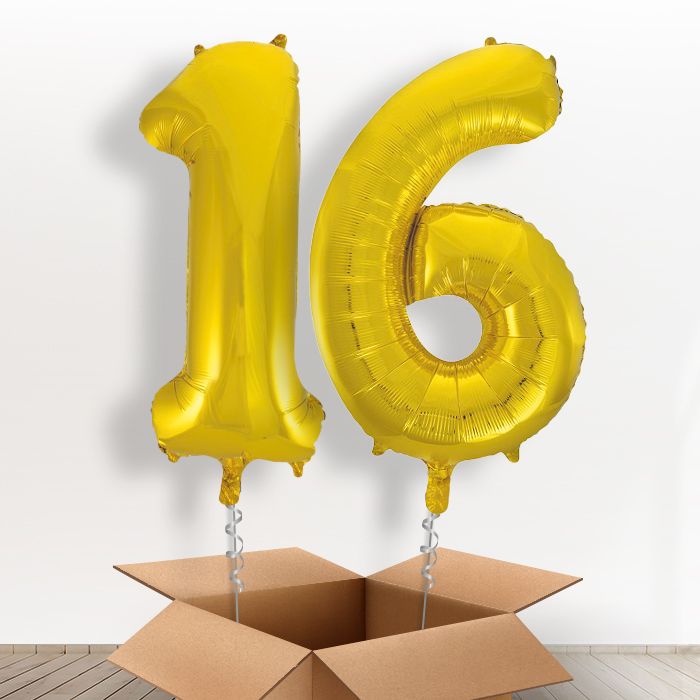 16 Birthday Balloons in a Box - Gold Numbers